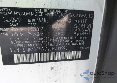 2020 Hyundai Santa Fe Limited z USA, uszkodzony, nr VIN 5NMS53AD2LH208995